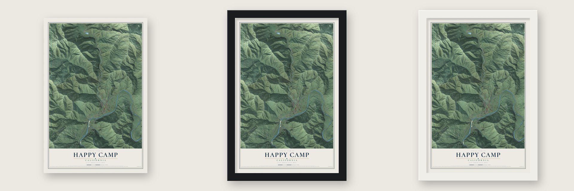 Happy Camp, California map unframed, in a black wood frame and in a white wood frame