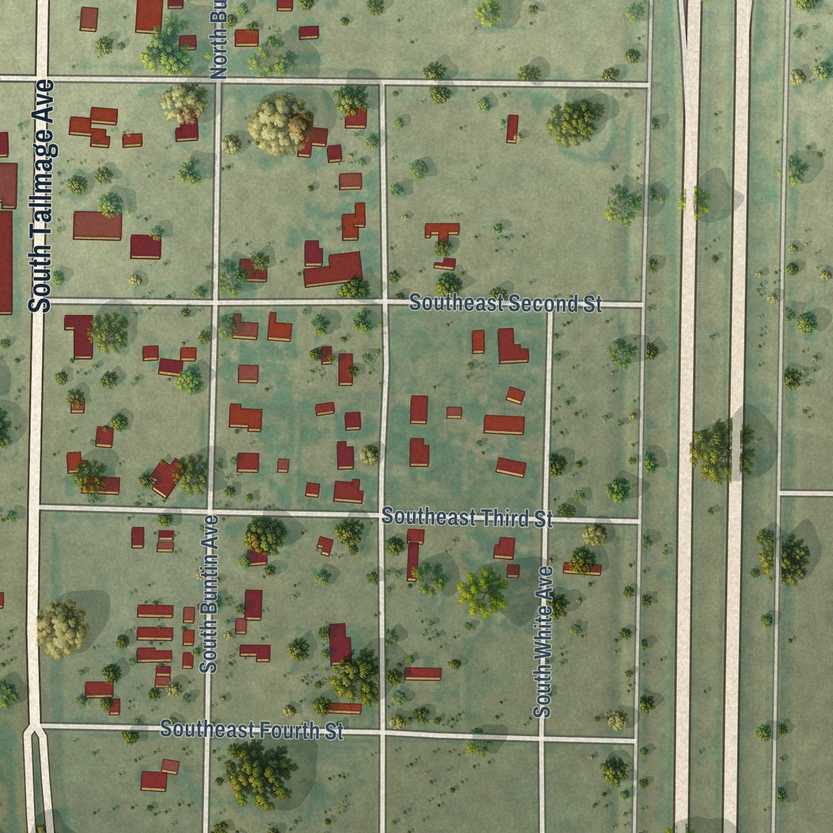 Second close-up of the map of Happy, Texas print showing more streets and buildings