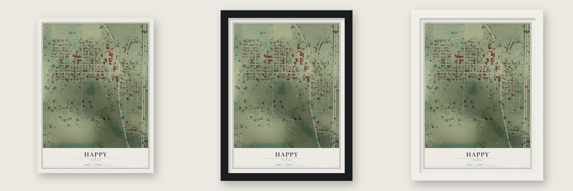 Happy, Texas map unframed, in a black wood frame and in a white wood frame