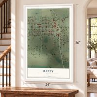 Happy, Texas map, 24 x 36 inch print in a white frame by a staircase