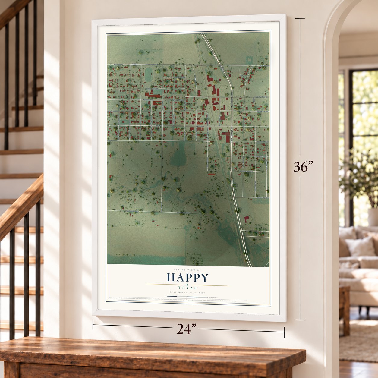 Happy, Texas map, 24 x 36 inch print in a white frame by a staircase