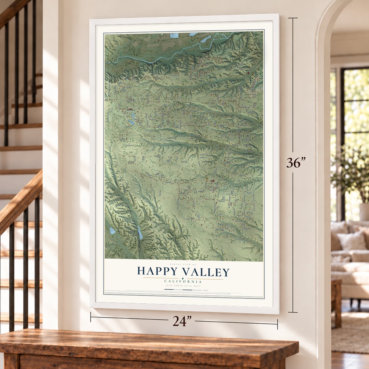 Happy Valley, California map, 24 x 36 inch print in a white frame by a staircase