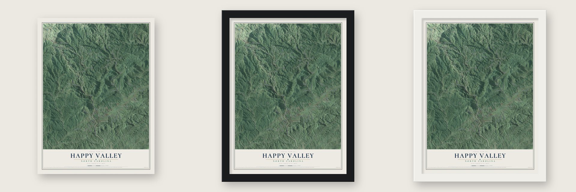 Happy Valley, North Carolina map unframed, in a black wood frame and in a white wood frame