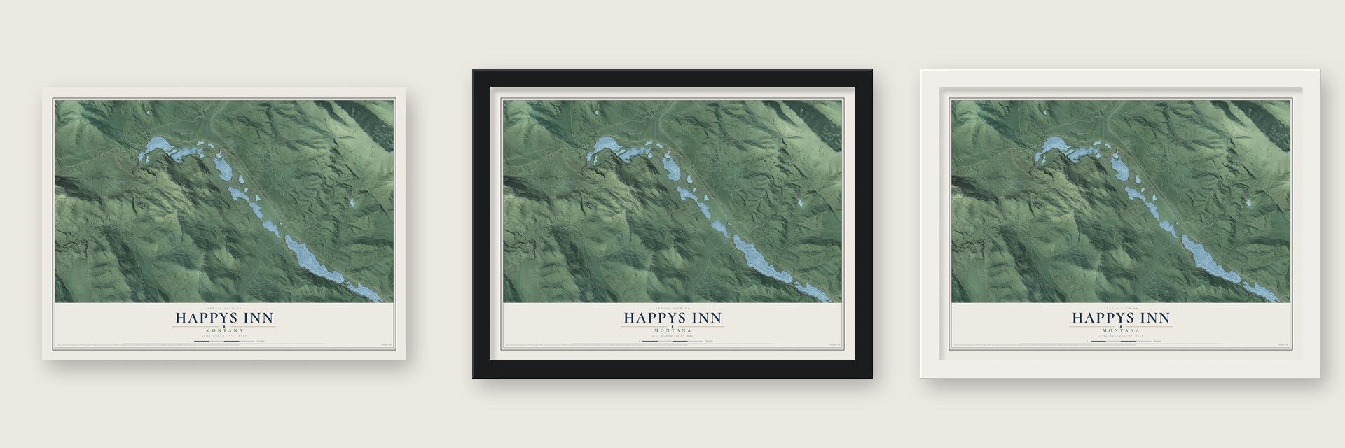 Happys Inn, Montana map unframed, in a black wood frame and in a white wood frame