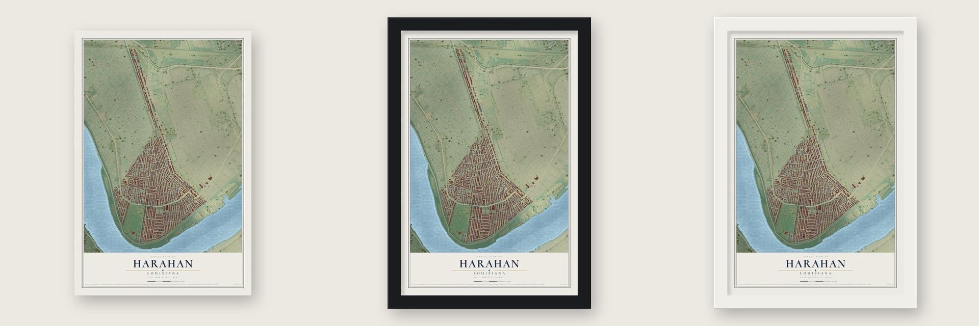Harahan, Louisiana map unframed, in a black wood frame and in a white wood frame