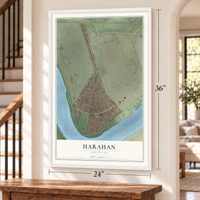 Harahan, Louisiana map, 24 x 36 inch print in a white frame by a staircase
