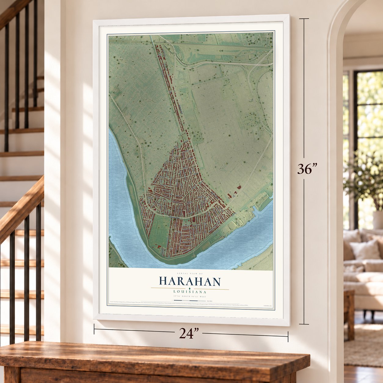 Harahan, Louisiana map, 24 x 36 inch print in a white frame by a staircase