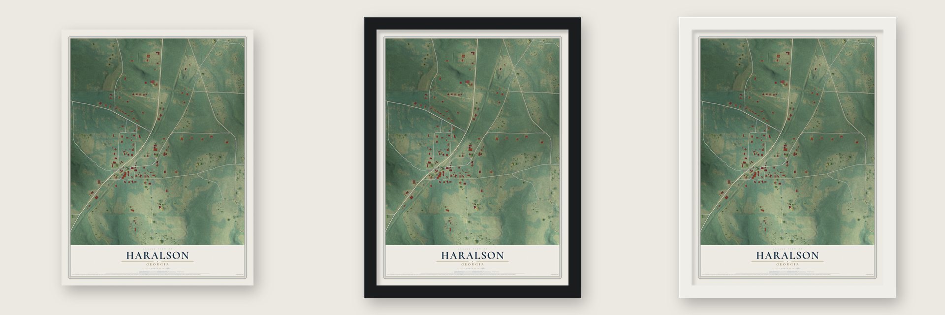 Haralson, Georgia map unframed, in a black wood frame and in a white wood frame