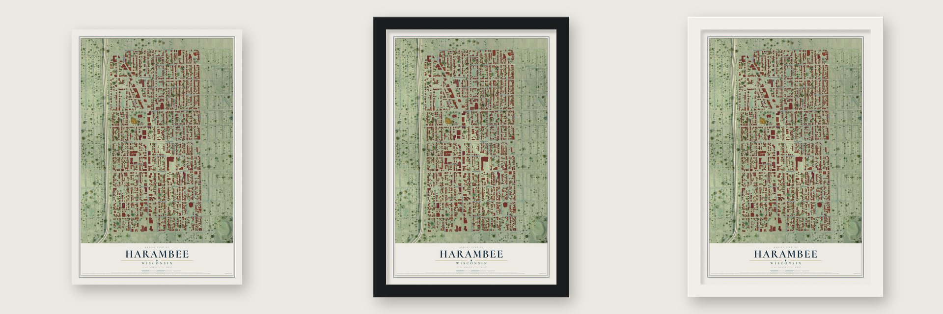 Harambee, Wisconsin map unframed, in a black wood frame and in a white wood frame