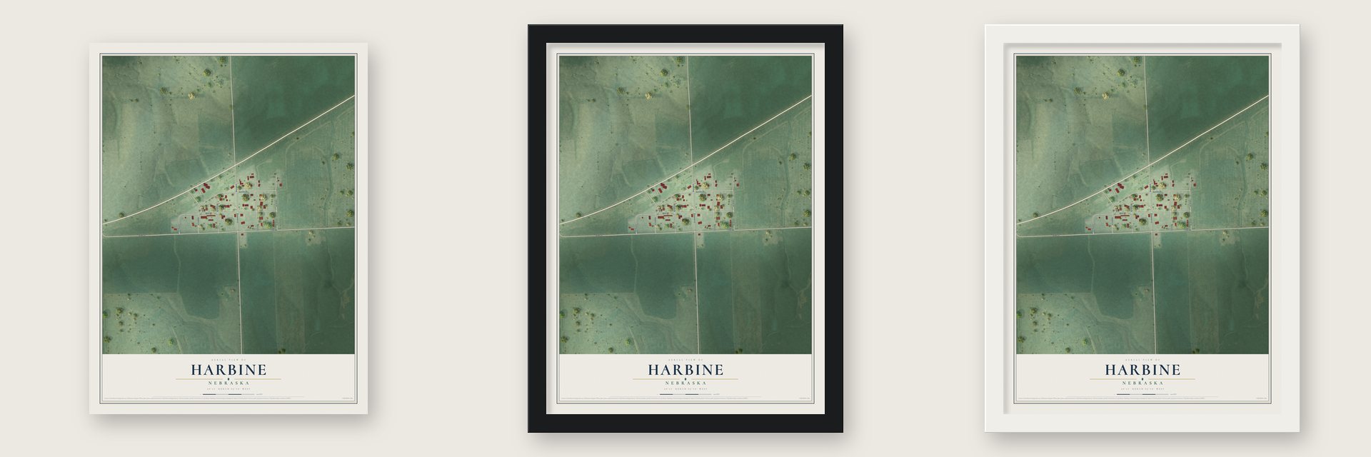 Harbine, Nebraska map unframed, in a black wood frame and in a white wood frame