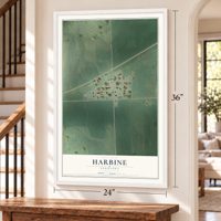 Harbine, Nebraska map, 24 x 36 inch print in a white frame by a staircase