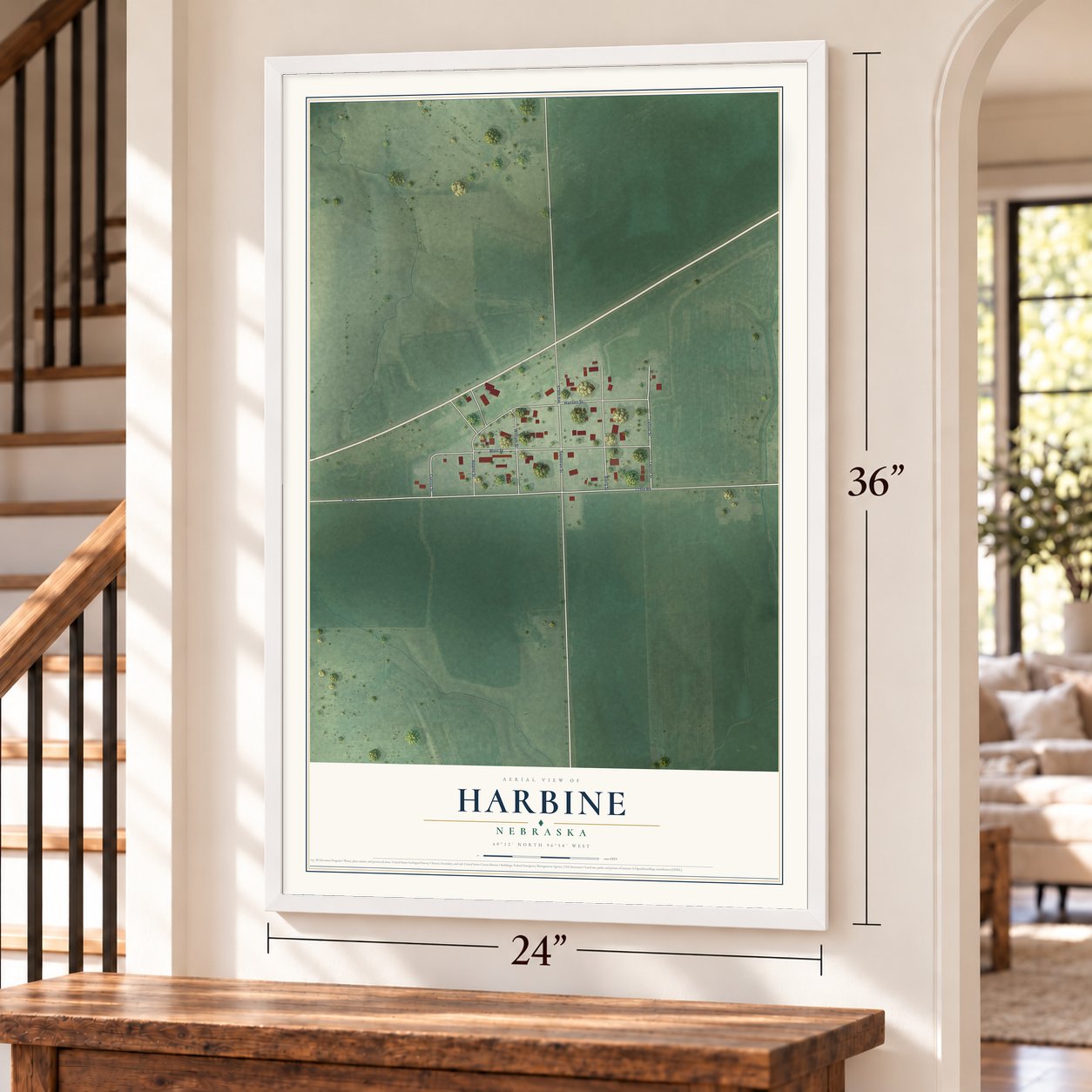 Harbine, Nebraska map, 24 x 36 inch print in a white frame by a staircase