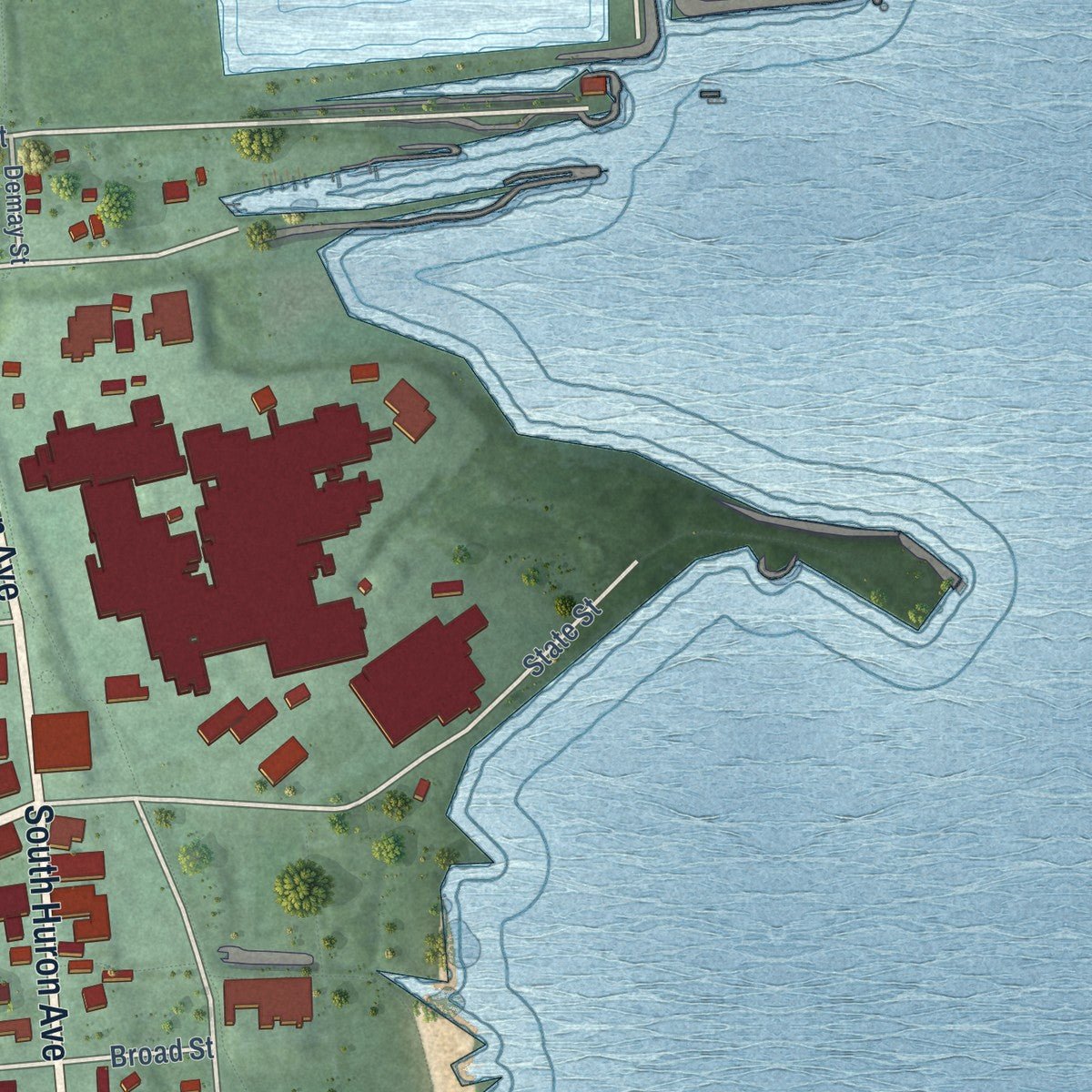 Second close-up of the map of Harbor Beach, Michigan print showing more streets and buildings