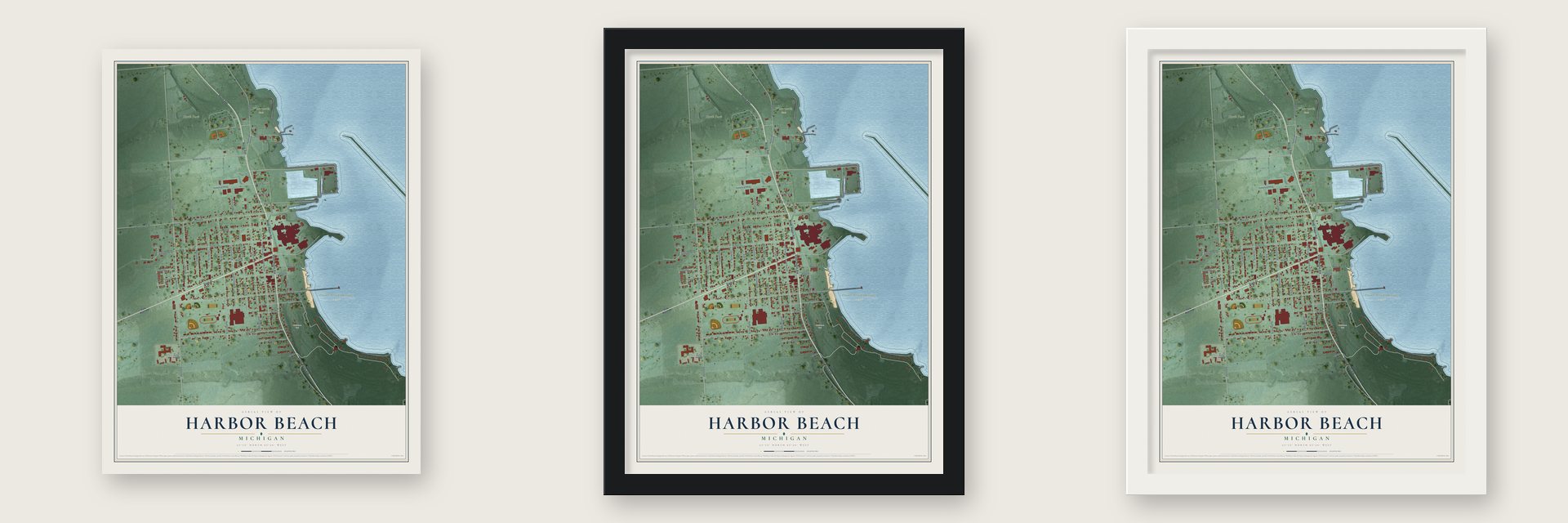 Harbor Beach, Michigan map unframed, in a black wood frame and in a white wood frame