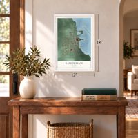 Harbor Beach, Michigan map, 12 x 18 inch print in a white frame in an entryway