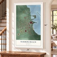 Harbor Beach, Michigan map, 24 x 36 inch print in a white frame by a staircase