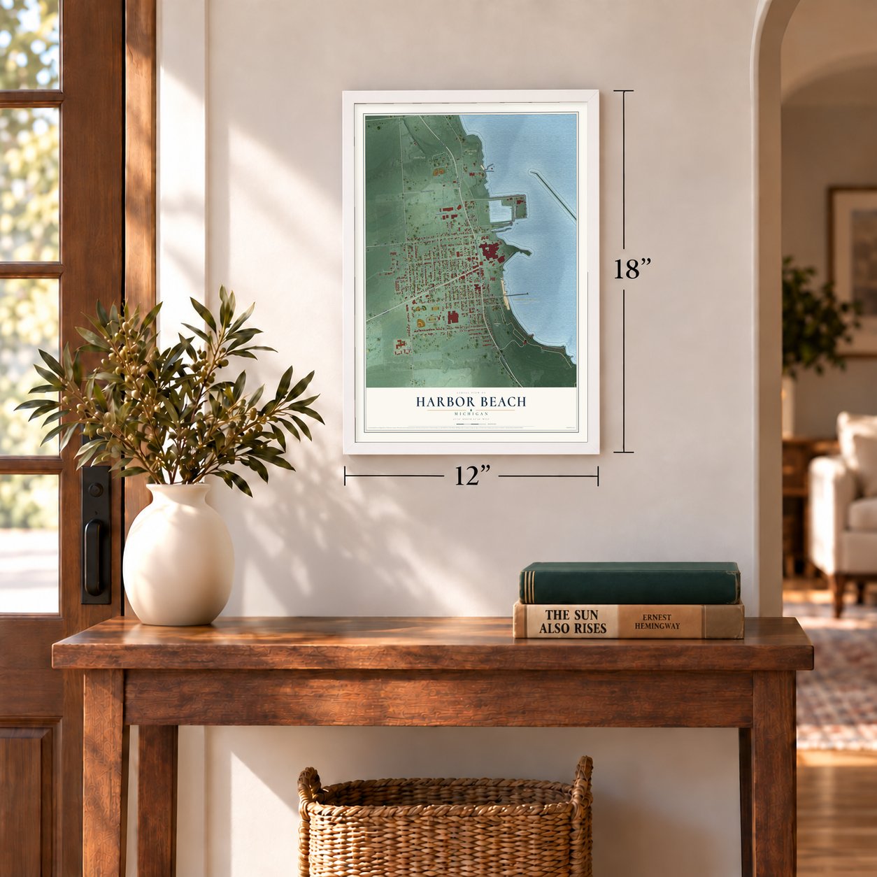 Harbor Beach, Michigan map, 12 x 18 inch print in a white frame in an entryway