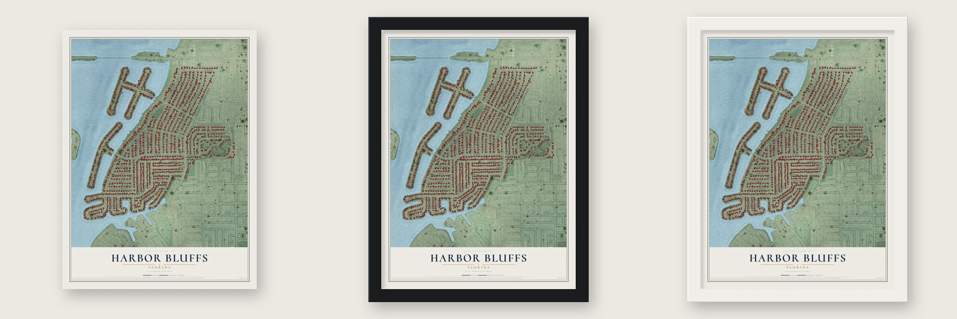 Harbor Bluffs, Florida map unframed, in a black wood frame and in a white wood frame