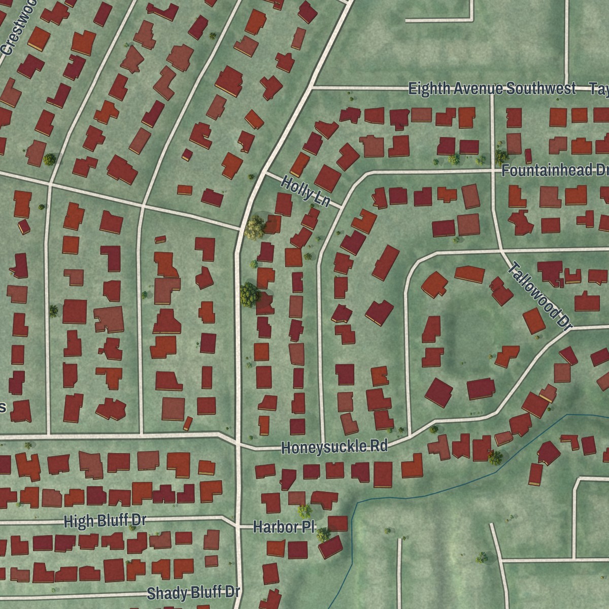 Second close-up of the map of Harbor Bluffs, Florida print showing more streets and buildings