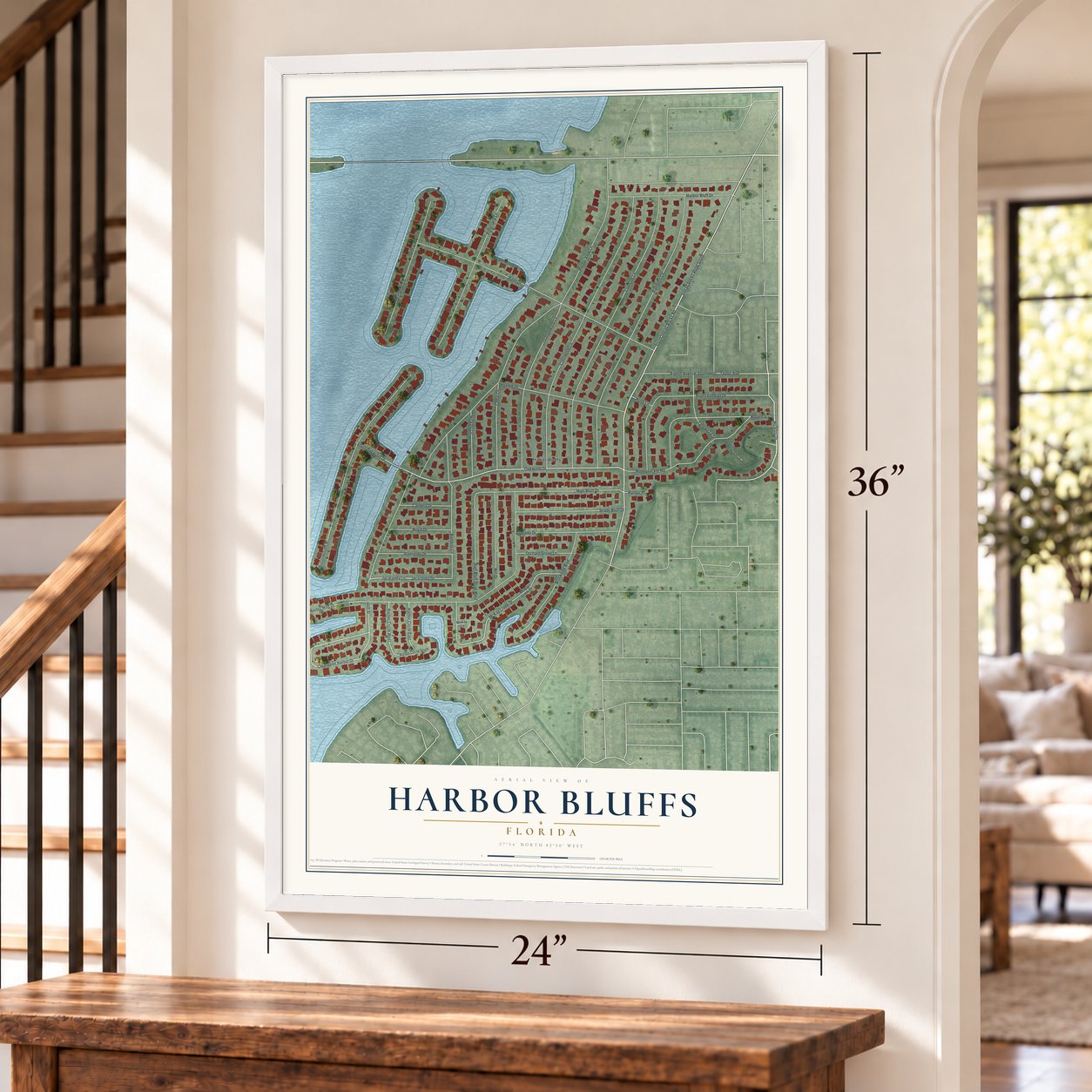 Harbor Bluffs, Florida map, 24 x 36 inch print in a white frame by a staircase