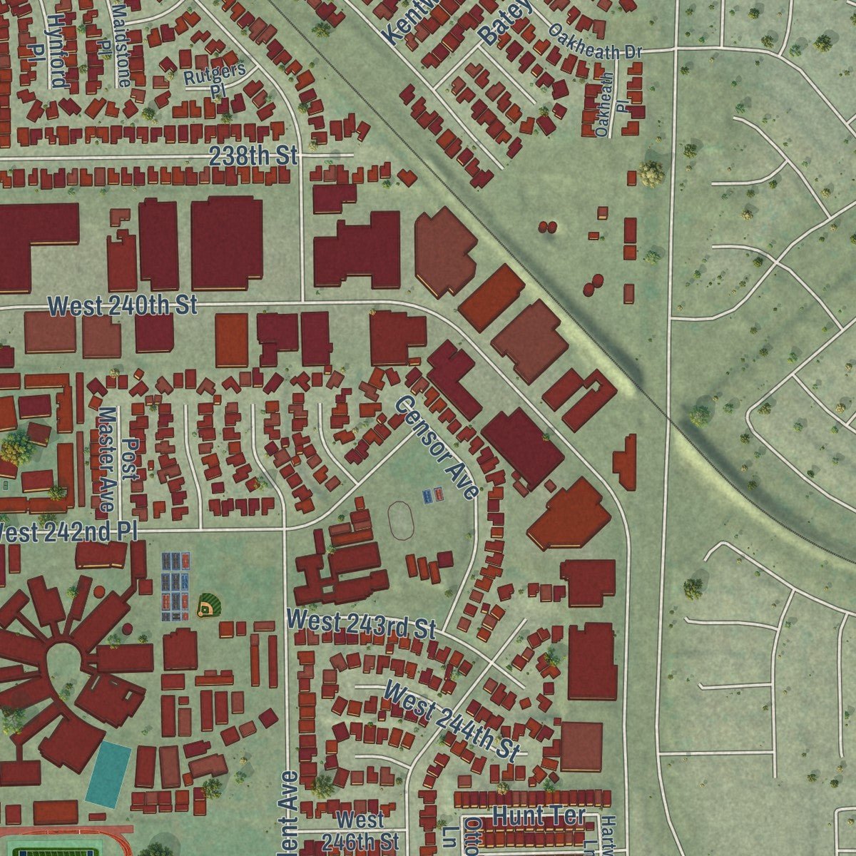 Second close-up of the map of Harbor City, California print showing more streets and buildings