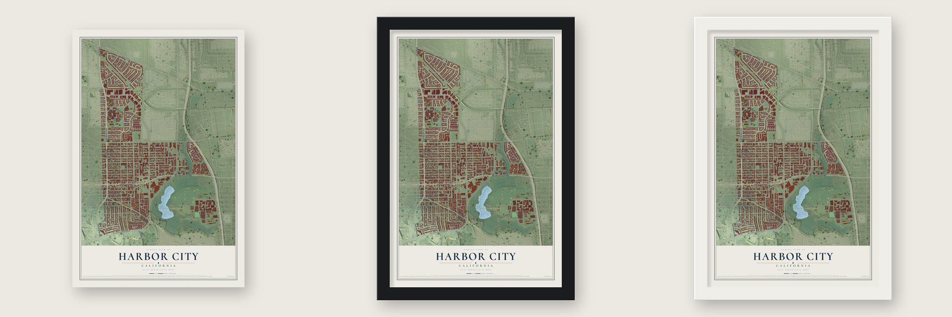 Harbor City, California map unframed, in a black wood frame and in a white wood frame