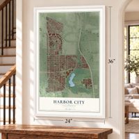 Harbor City, California map, 24 x 36 inch print in a white frame by a staircase