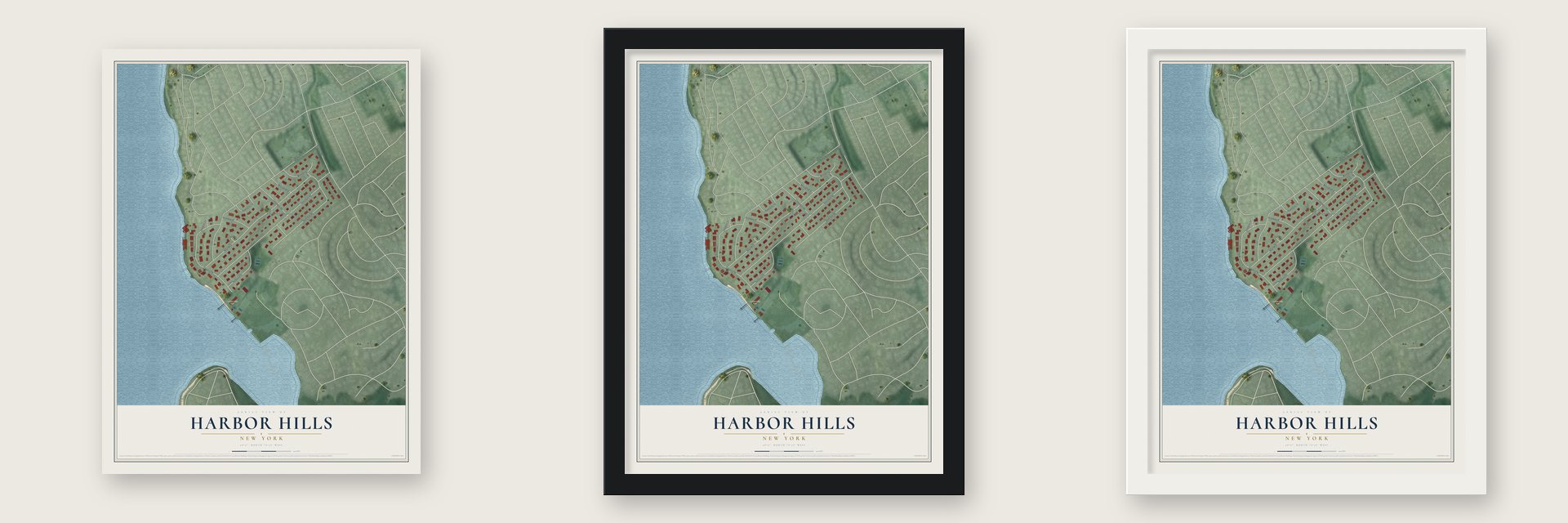 Harbor Hills, New York map unframed, in a black wood frame and in a white wood frame