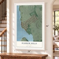 Harbor Hills, New York map, 24 x 36 inch print in a white frame by a staircase