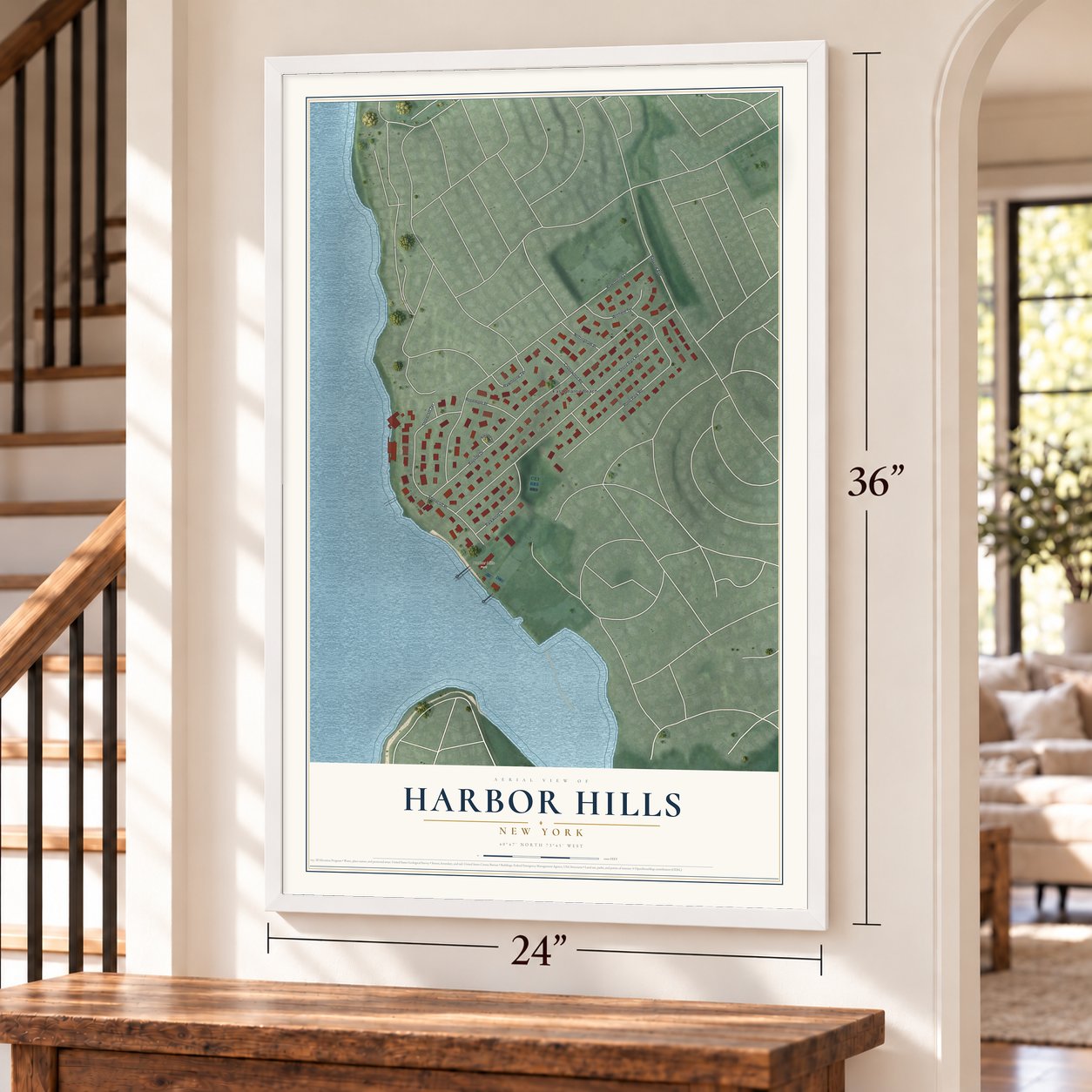 Harbor Hills, New York map, 24 x 36 inch print in a white frame by a staircase