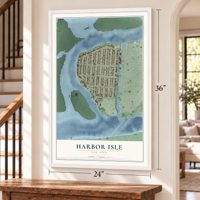 Harbor Isle, New York map, 24 x 36 inch print in a white frame by a staircase