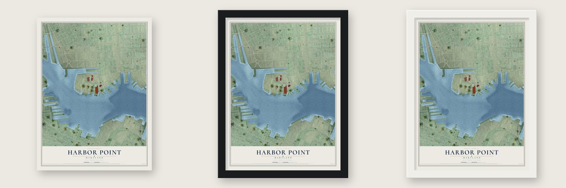 Harbor Point, Maryland map unframed, in a black wood frame and in a white wood frame