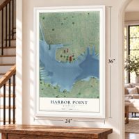 Harbor Point, Maryland map, 24 x 36 inch print in a white frame by a staircase