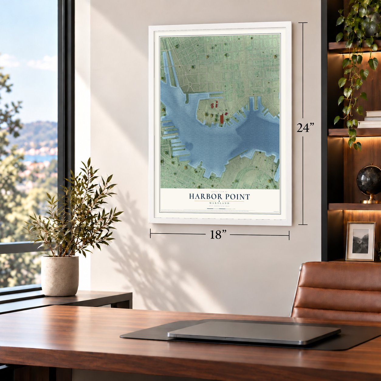 Harbor Point, Maryland map, 18 x 24 inch print in a white frame in a home office