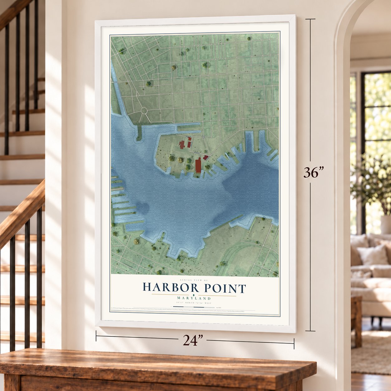 Harbor Point, Maryland map, 24 x 36 inch print in a white frame by a staircase