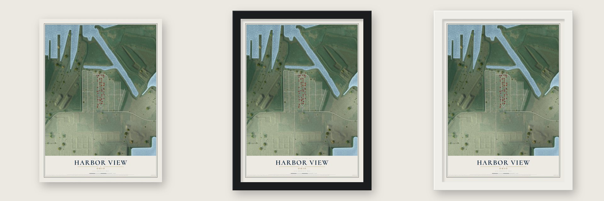 Harbor View, Ohio map unframed, in a black wood frame and in a white wood frame
