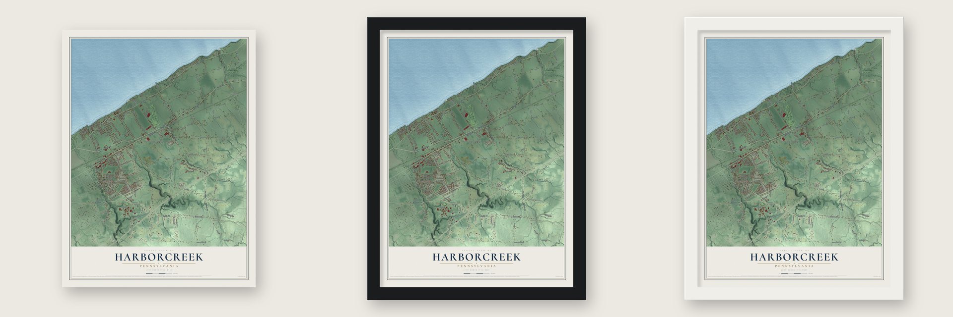 Harborcreek, Pennsylvania map unframed, in a black wood frame and in a white wood frame