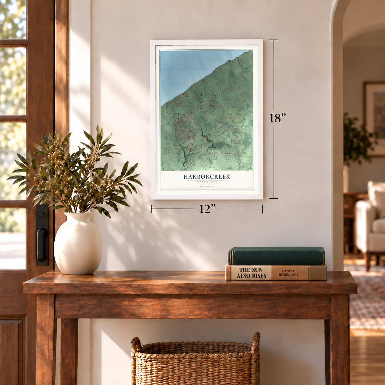 Harborcreek, Pennsylvania map, 12 x 18 inch print in a white frame in an entryway