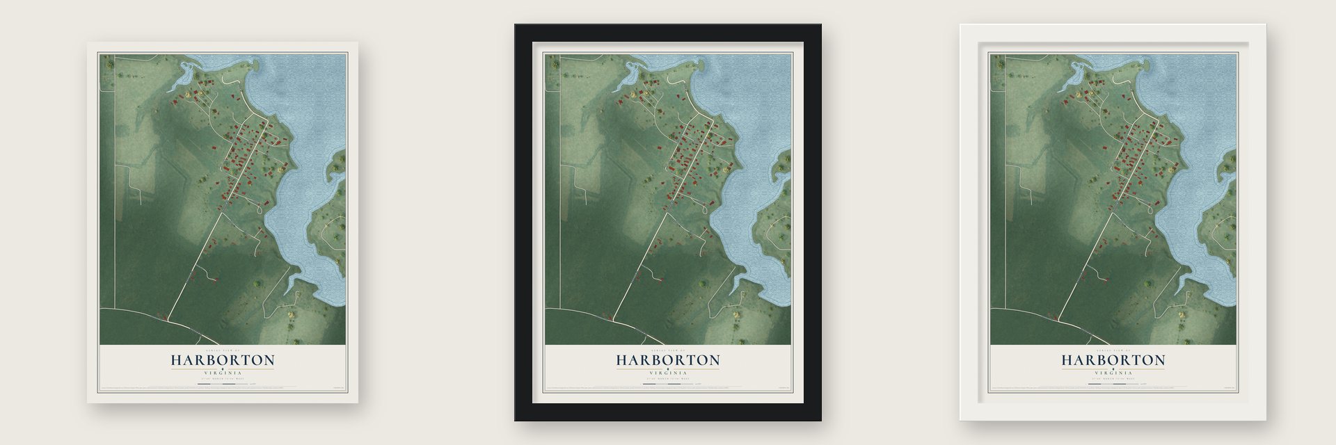 Harborton, Virginia map unframed, in a black wood frame and in a white wood frame
