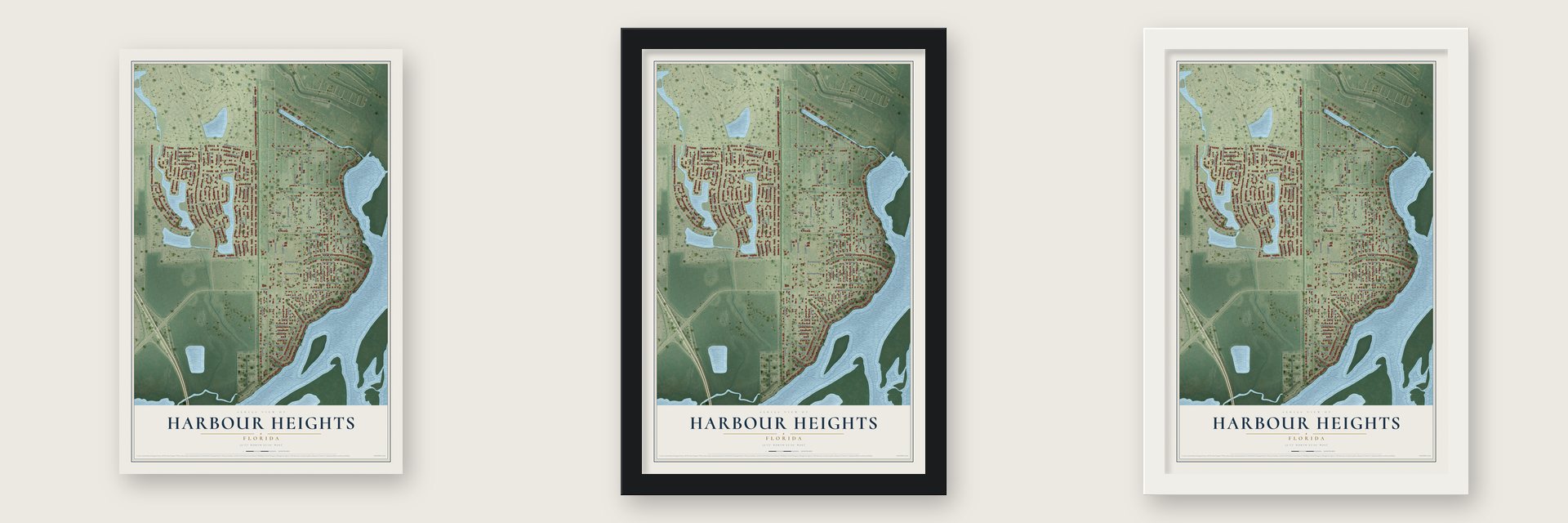 Harbour Heights, Florida map unframed, in a black wood frame and in a white wood frame