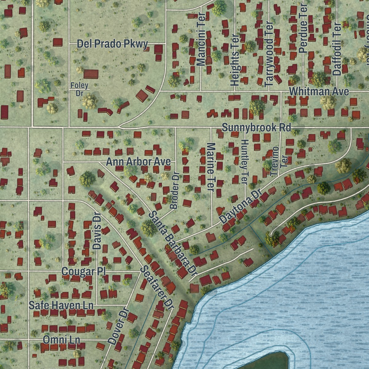 Second close-up of the map of Harbour Heights, Florida print showing more streets and buildings