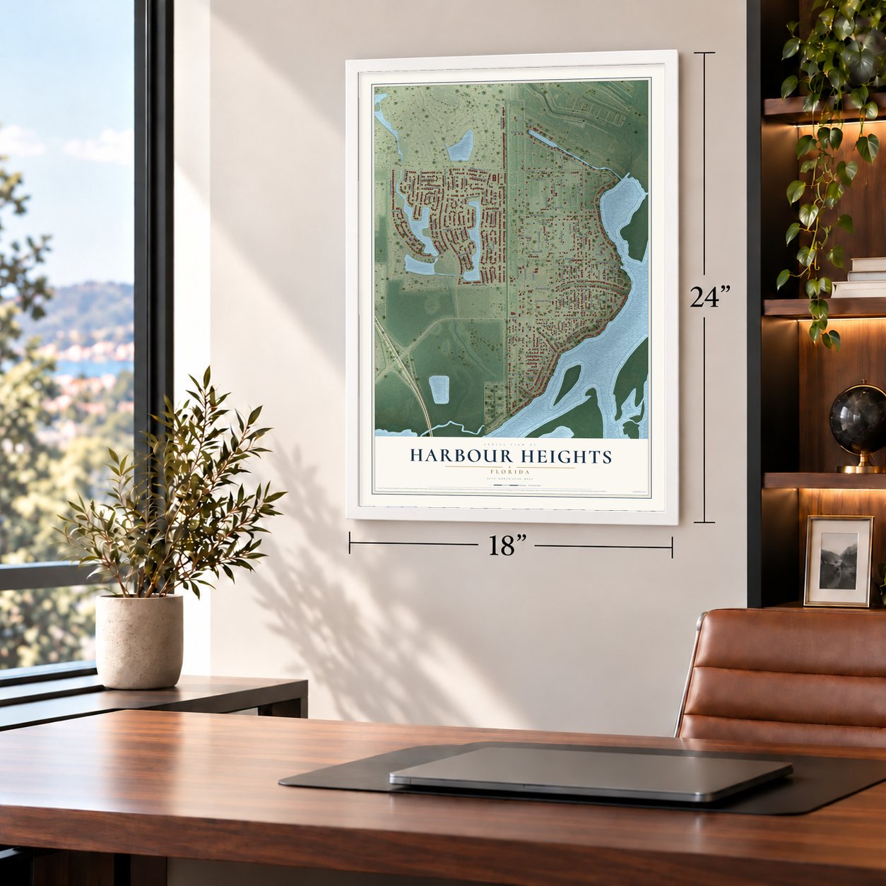Harbour Heights, Florida map, 18 x 24 inch print in a white frame in a home office