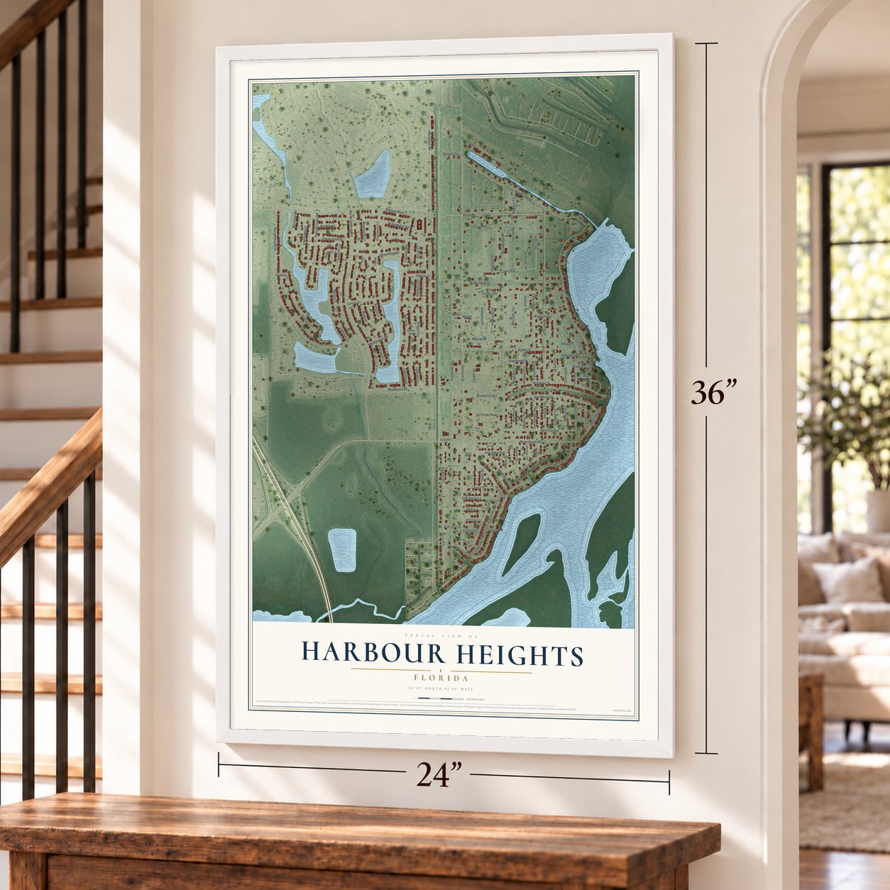 Harbour Heights, Florida map, 24 x 36 inch print in a white frame by a staircase