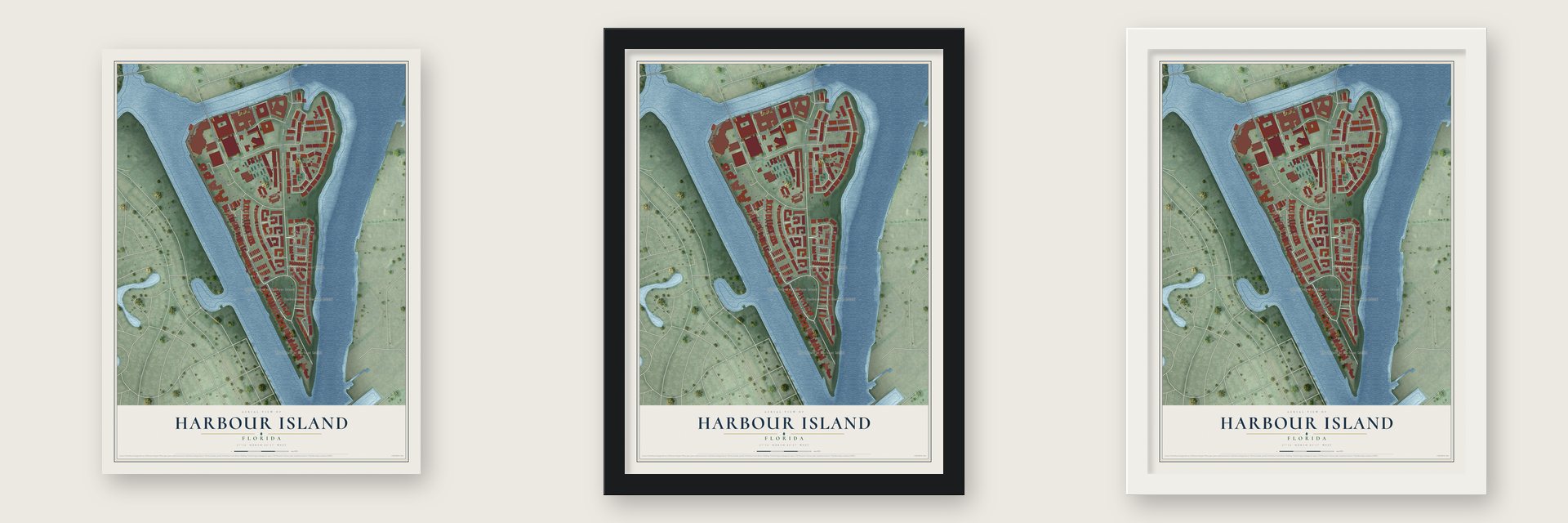 Harbour Island, Florida map unframed, in a black wood frame and in a white wood frame