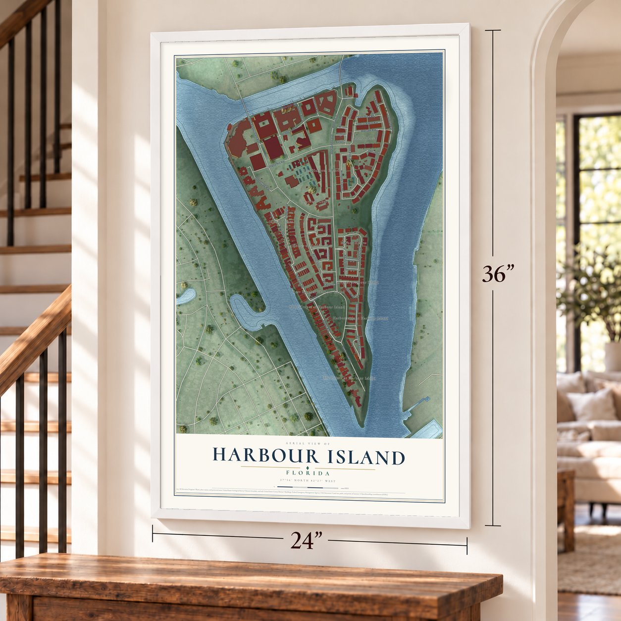 Harbour Island, Florida map, 24 x 36 inch print in a white frame by a staircase