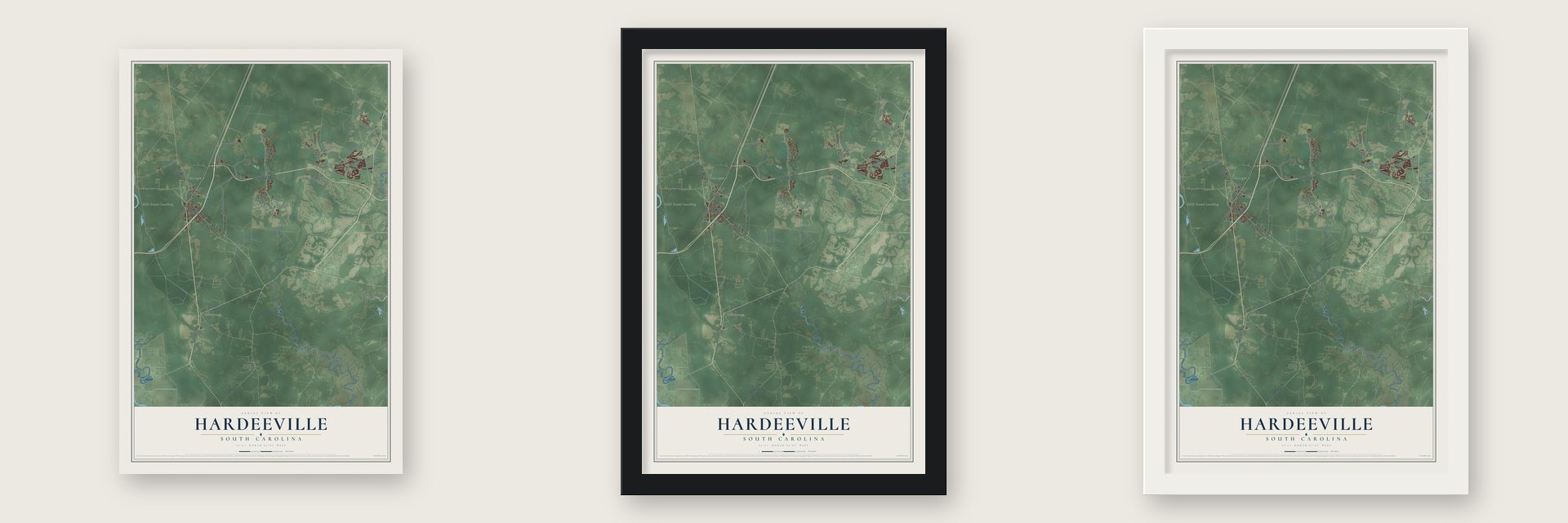 Hardeeville, South Carolina map unframed, in a black wood frame and in a white wood frame