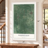 Hardeeville, South Carolina map, 24 x 36 inch print in a white frame by a staircase