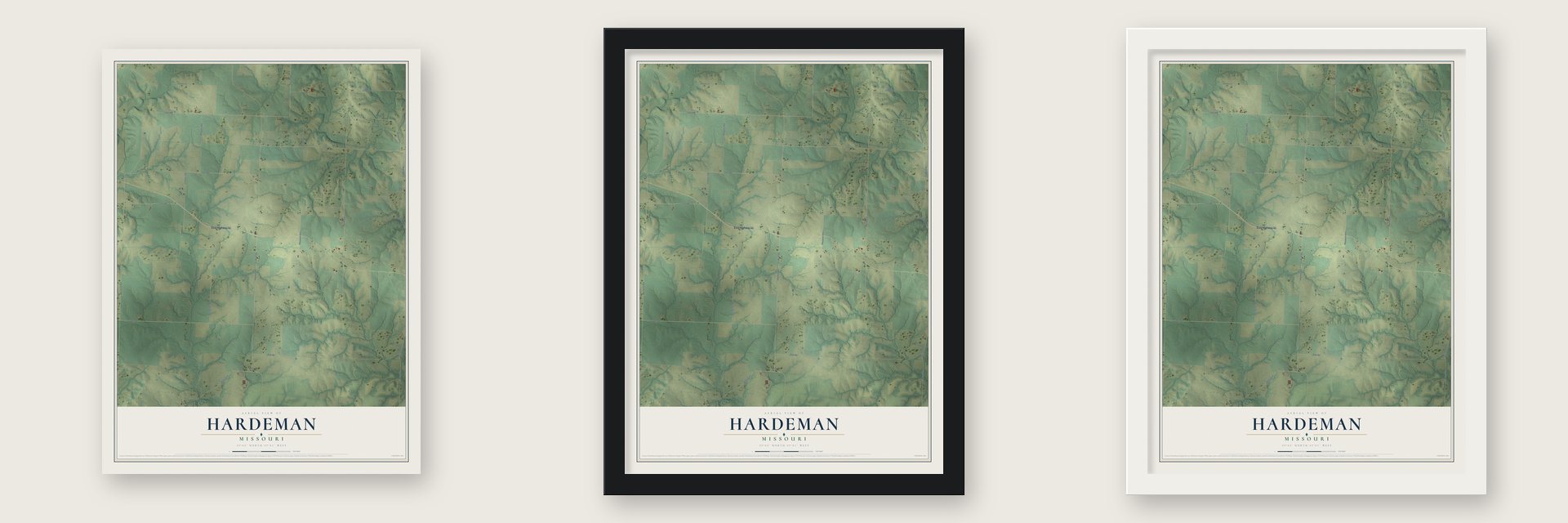 Hardeman, Missouri map unframed, in a black wood frame and in a white wood frame