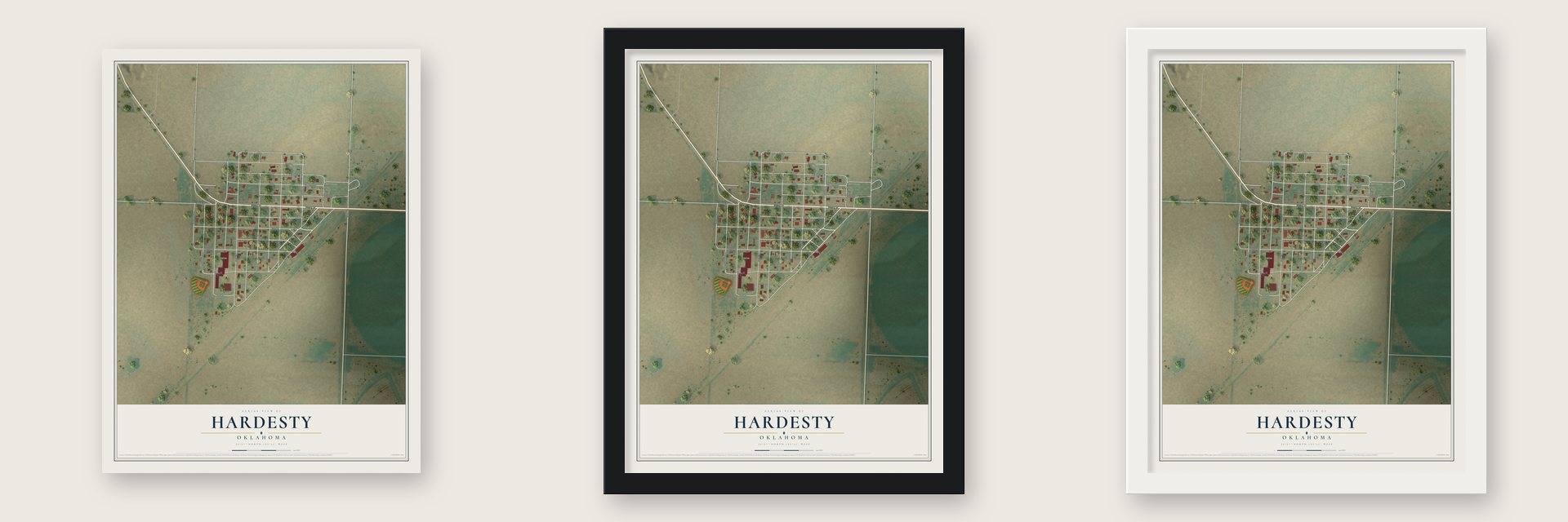 Hardesty, Oklahoma map unframed, in a black wood frame and in a white wood frame
