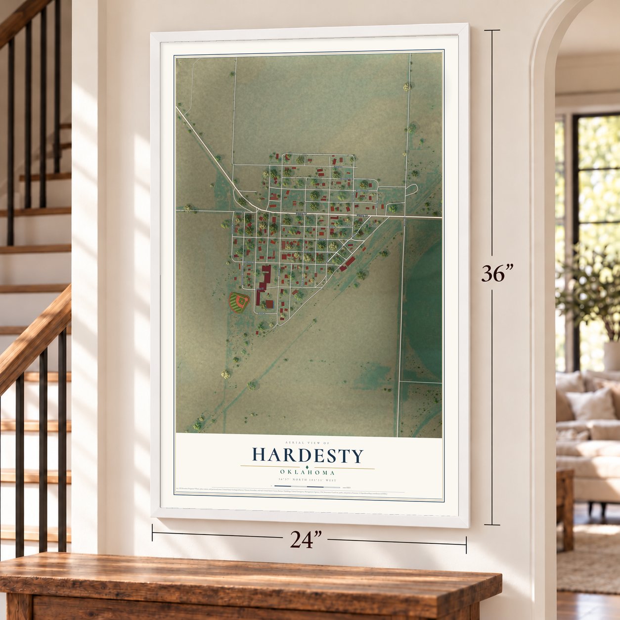 Hardesty, Oklahoma map, 24 x 36 inch print in a white frame by a staircase